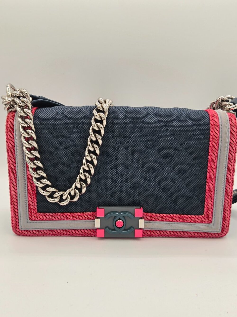 Chanel Medium Fluo Boy Flap Bag – Navy Quilted Canvas | Fuchsia & Grey Trim